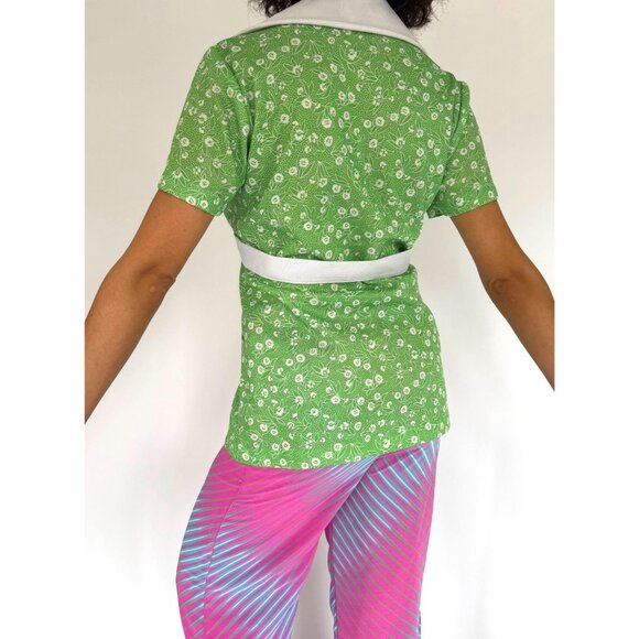 60s vintage green floral print collared zip up short sleeved blouse with pockets - Picture 4 of 8